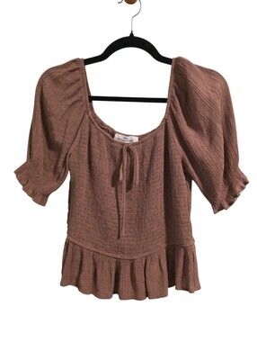 Alluv Place Brown Smocked Peplum Blouse With Puff Sleeves Scoop Neck Size L EUC